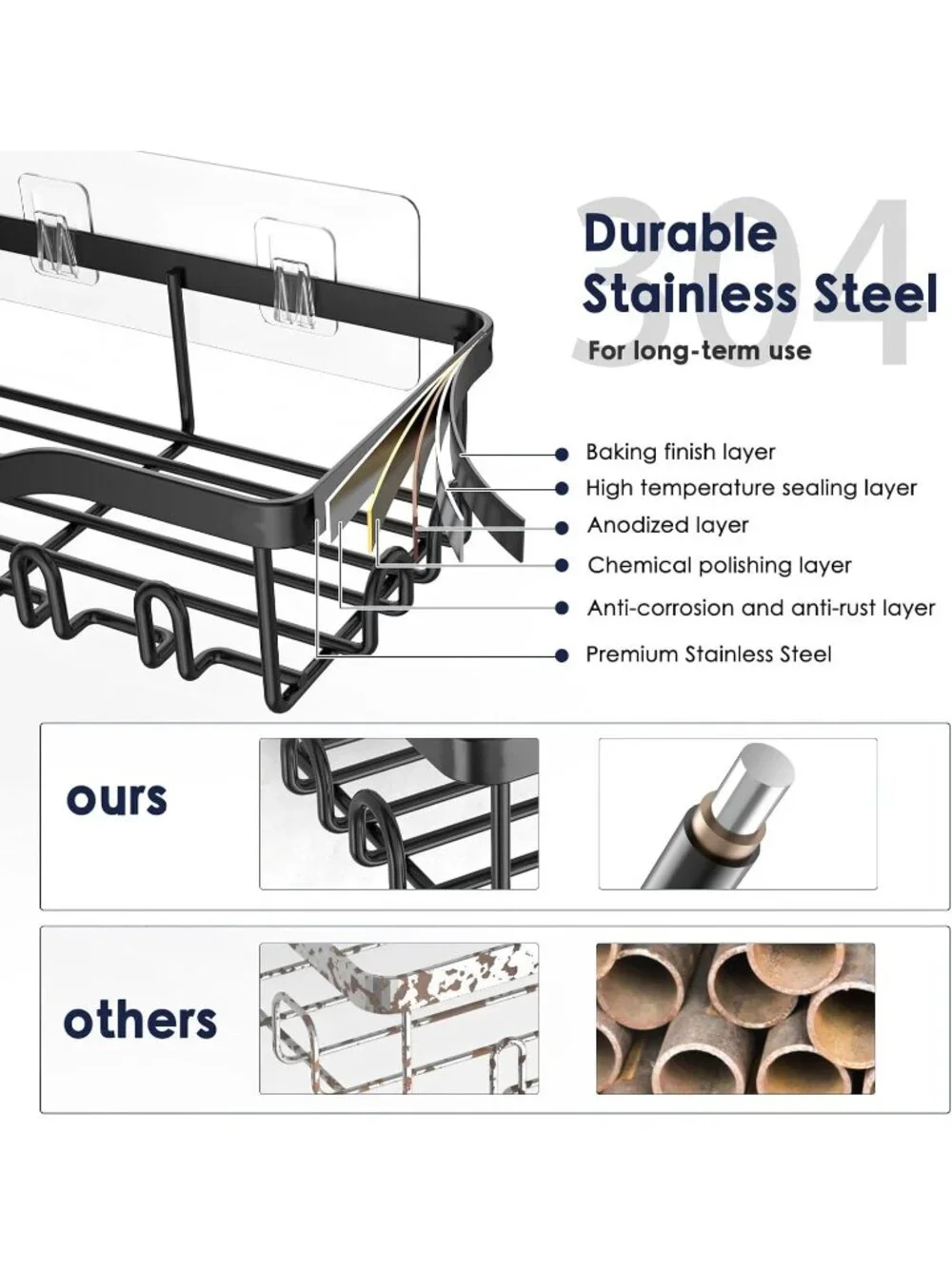 New 7 Pack Adhesive Shower Caddy Stainless Steel Organizer 24 Hooks No Drill Set